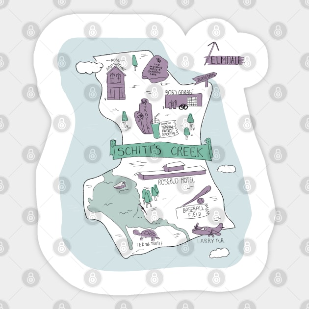 The Town of Schitt's Creek, hand drawn map of all of the town landmarks in purples, blues and minty greens. Sticker by YourGoods